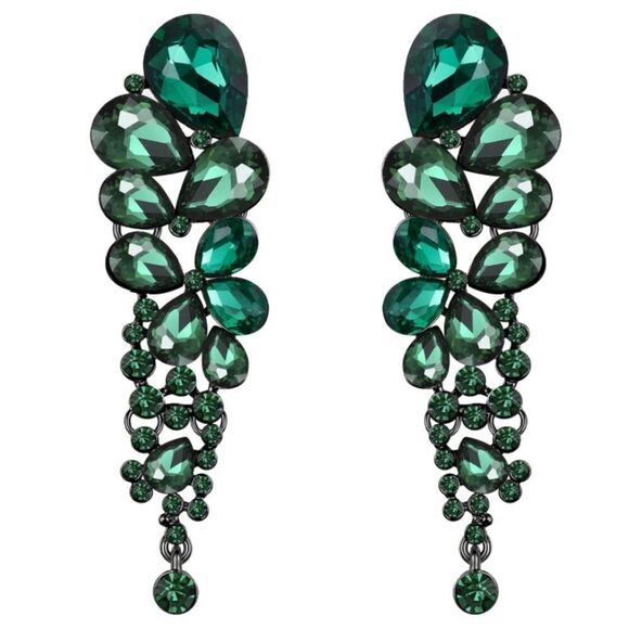 Gun Metal with Emerald Austrian Crystal Chandelier Statement Clip On Earrings - Picture 1 of 5